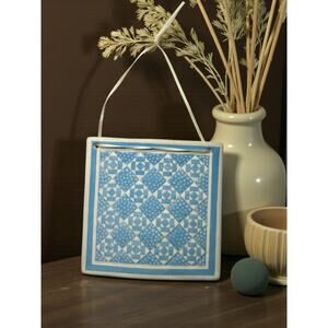 1989 Hill Design Nine Patch Ceramic Quilt Ornament-Blue White-Country Decor-Tile